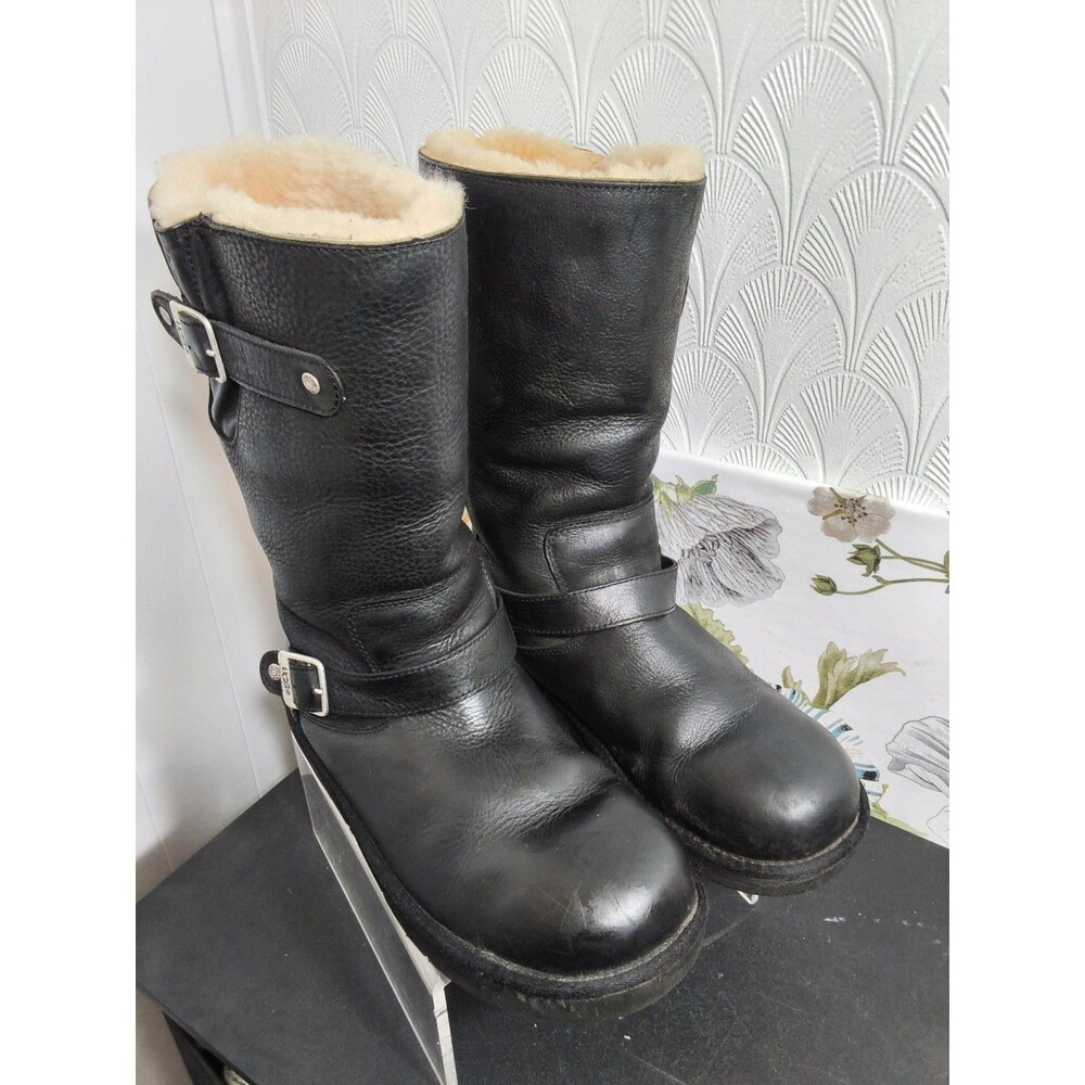 UGG Australia Kensington Moto Boots Women's US 11 Black Leather Buckle Sheepskin